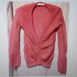 LUX Metallic Soft HOT PINK Medium Mohair Zip Up Cardigan Sweater XL Sleeves